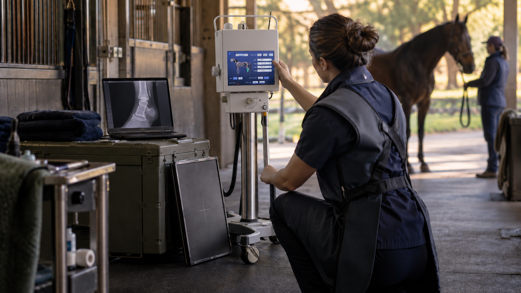 Equipamento radiográfico veterinário móvel digital com emissor portátil, detector e notebook